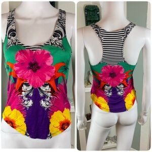 Bebe Bright Floral Psychedelic Striped Print Tank Top Racerback XS XSMALL